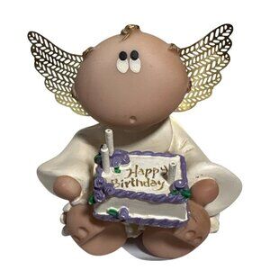 Kirk 2001 Angel Figurine Gold Wings Happy Birthday Cake Purple & White Accents